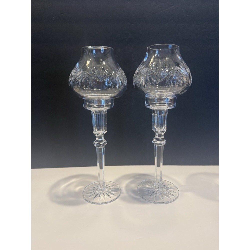 Pair Waterford Crystal Hurricane Candle Holders 13" Candlesticks Signed